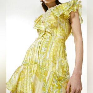 NEW KAREN MILLEN Cutwork Applique Paisley Butter Yellow Ruffle Dress